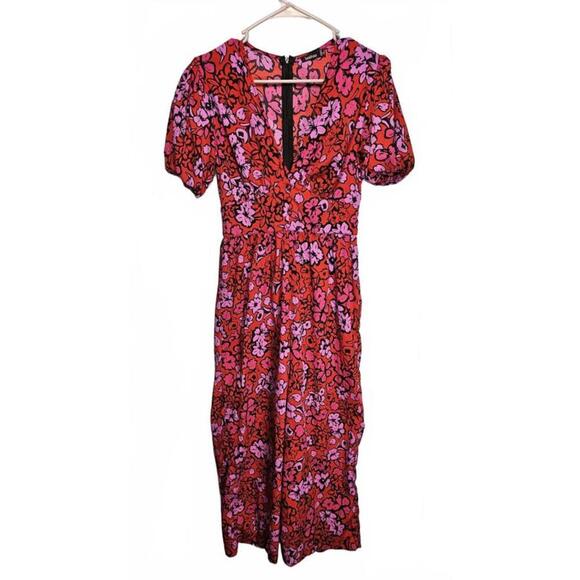 Boohoo Women's Floral Wide Leg Jumpsuit with Puff Sleeves Size 4 - Picture 2 of 10